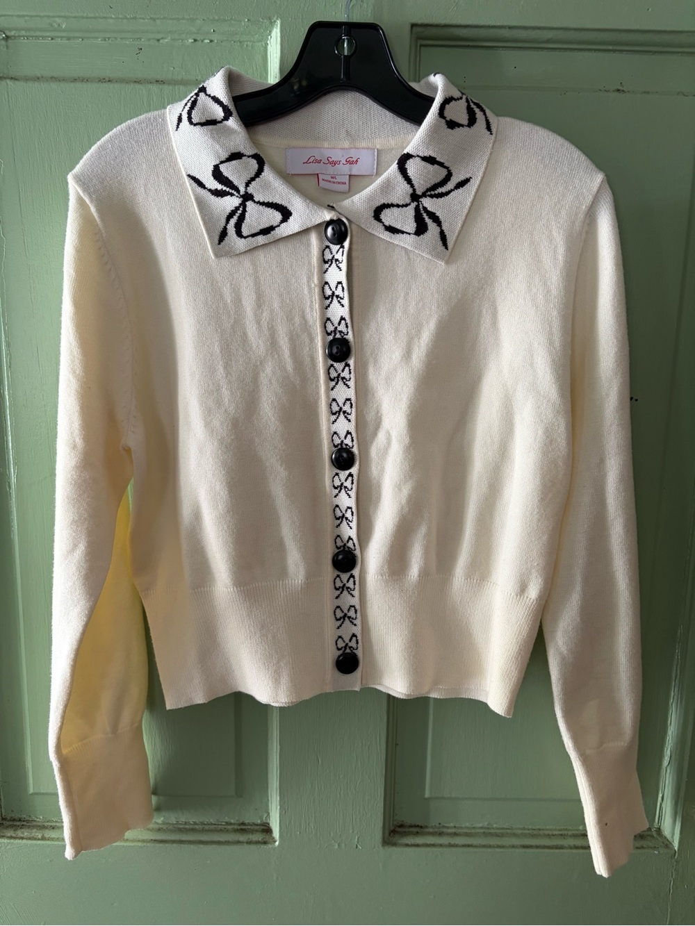 Lisa Says Gah bow sweater M/L ivory black cropped
